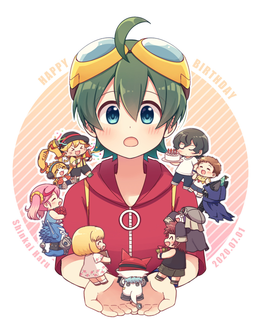 2girls, 5boys, ahoge, appmon, birthday_cake, birthday_party, blonde_hair, blue_eyes