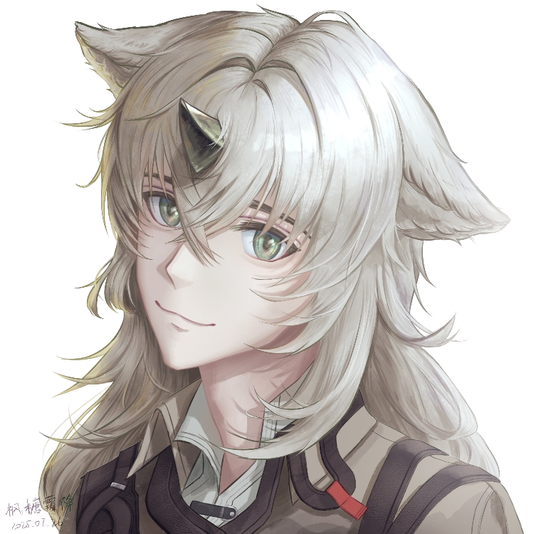 1boy, animal_ears, arknights, brown_jacket, closed_mouth, collared_jacket, collared_shirt, commentary_request