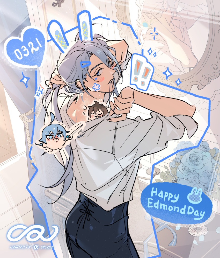 !, !!, 2boys, ahoge, arms_up, ass, black_pants, blue_flower