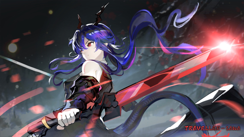 1girl, absurdres, arknights, black_dress, ch'en_(arknights), ch'en_the_dawnstreak_(arknights), chinese_commentary, closed_mouth