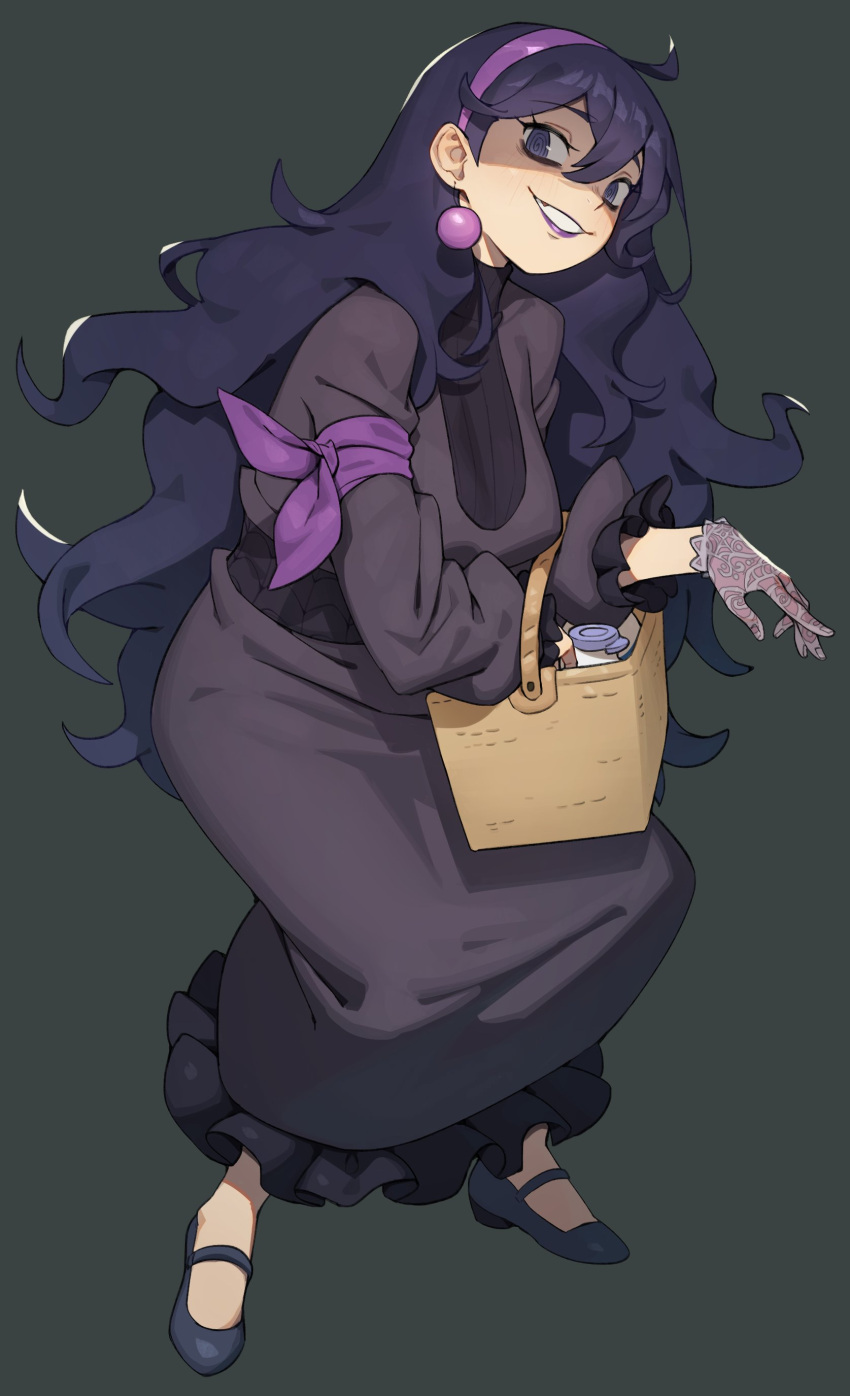 1girl, @_@, absurdres, ahoge, basket, black_dress, black_shoes, bottle, breasts, commentary, dress, earrings, flowerpigeon, full_body, gloves, grey_background, grin, hair_between_eyes, hairband, hex_maniac_(pokemon), hex_maniac_(pokemon_xy), highres, holding, holding_basket, holding_picnic_basket, jewelry, lace, lace_gloves, long_dress, long_hair, looking_at_viewer, milk_bottle, picnic_basket, pokemon, purple_hair, purple_hairband, shaded_face, shoes, simple_background, single_glove, smile, solo, sphere_earrings, teeth, untranslatable_commentary, violet_eyes