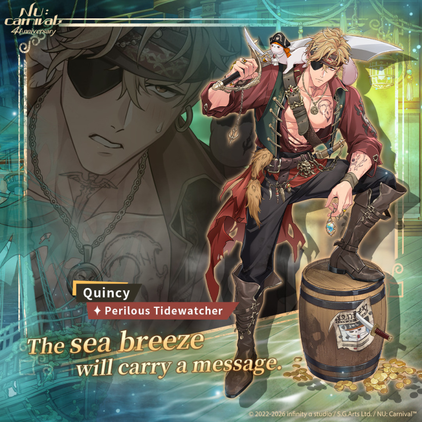 1boy, abs, animal, animal_on_shoulder, arm_tattoo, bags_under_eyes, barrel, belt, black_pants, blonde_hair, blush, boots, brown_boots, character_name, chest_tattoo, clothed_animal, coin, copyright_name, copyright_notice, dagger, earrings, english_text, ermine, eyepatch, ferret, full_body, gem, gold_coin, gold_ring, green_vest, hair_between_eyes, hat, headband, holding, holding_sword, holding_weapon, infinity_alpha_studio, jewelry, knife, large_pectorals, looking_at_viewer, male_focus, multiple_belts, muscular, muscular_male, necklace, nipple_slip, nipples, nu_carnival, official_alternate_costume, official_art, open_clothes, open_shirt, orange_eyes, over_shoulder, pants, parted_lips, pectorals, pendant, pirate_costume, pirate_hat, quincy_(nu_carnival), quincy_(perilous_tidewatcher)_(nu_carnival), red_shirt, ring, shirt, shoes, short_hair, shoulder_belt, shy, simple_background, standing, stepping_on_object, sweatdrop, sword, tachi-e, tattoo, third-party_source, topper_(nu_carnival), torn_clothes, transparent_background, veins, veiny_arms, vest, wanted_poster, weapon, weapon_over_shoulder, weasel, yellow_gem, zoom_layer