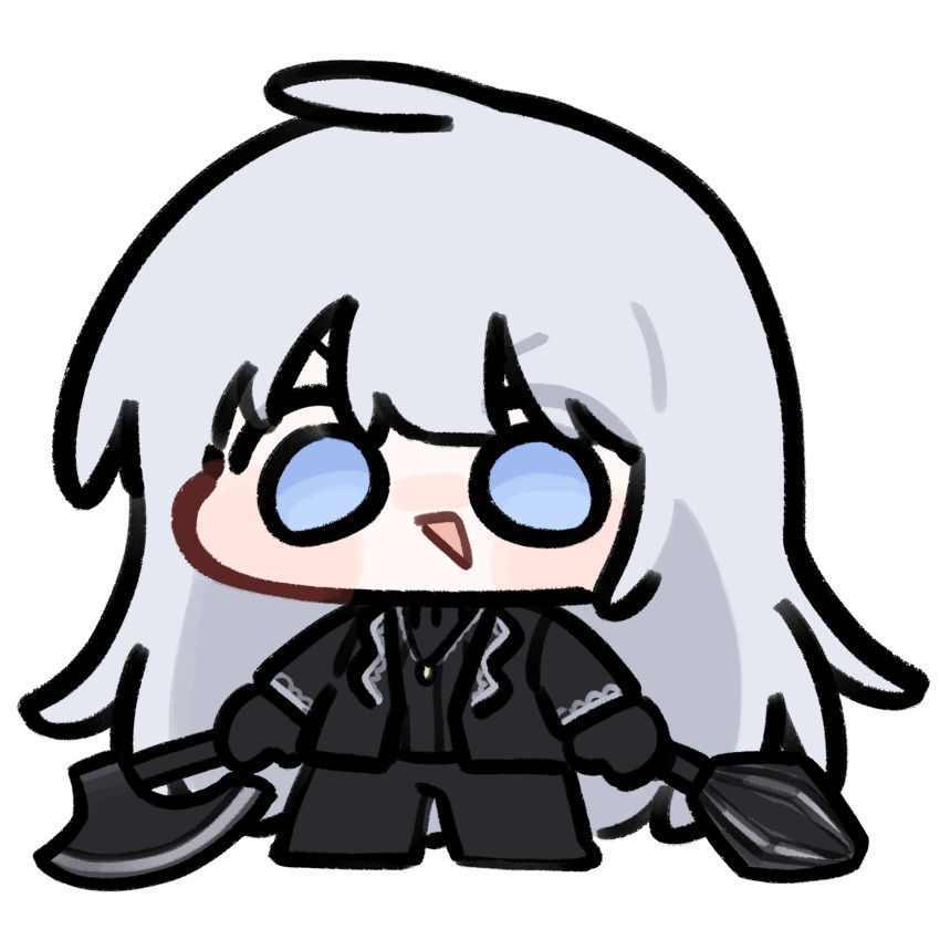 1girl, angelica_(project_moon), axe, black_gloves, black_jacket, black_pants, black_sweater, chibi