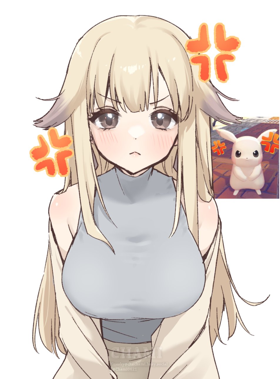 1girl, angry, armpit_crease, artist_name, bare_shoulders, blonde_hair, blue_hair, blush