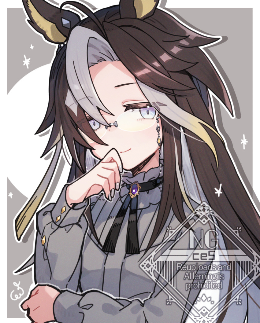 1girl, blonde_hair, blue_eyes, border, brooch, brown_hair, casual, closed_eyes