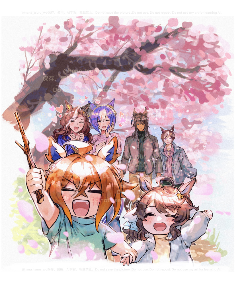 3boys, 3girls, absurdres, aged_down, ahoge, animal_ears, black_hair, blue_hair