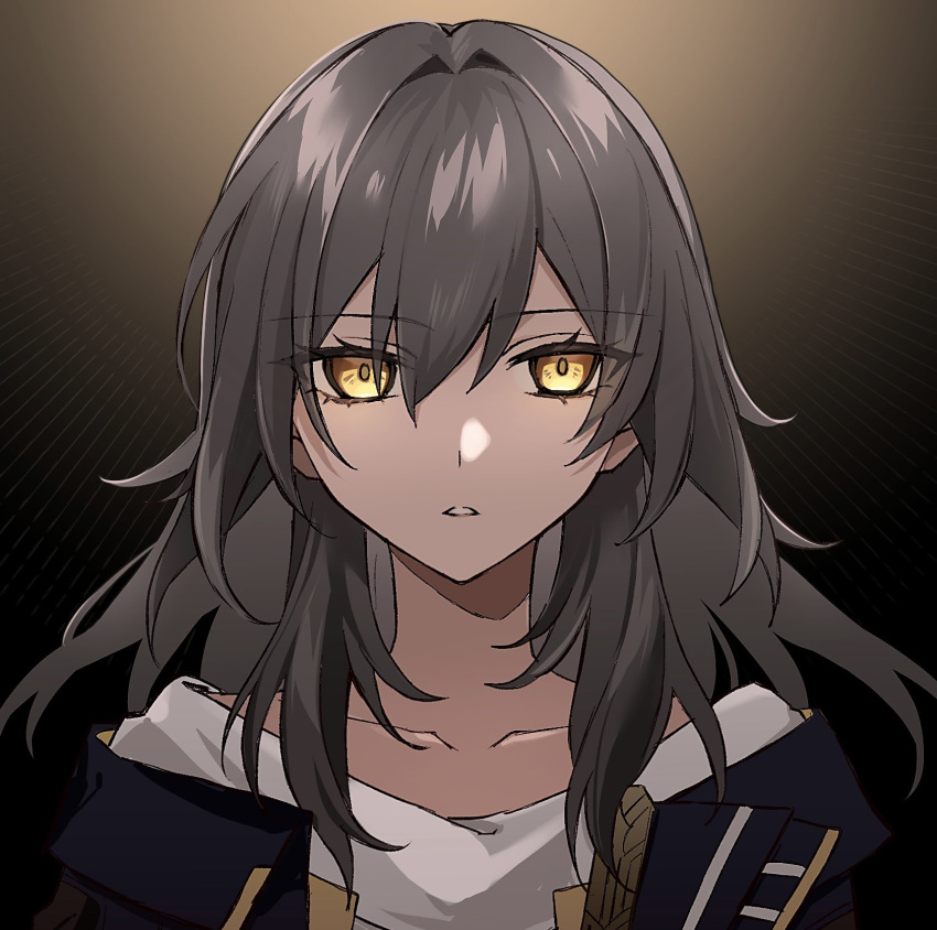 1girl, black_background, black_jacket, brown_background, collarbone, empty_eyes, gradient_background, grey_hair