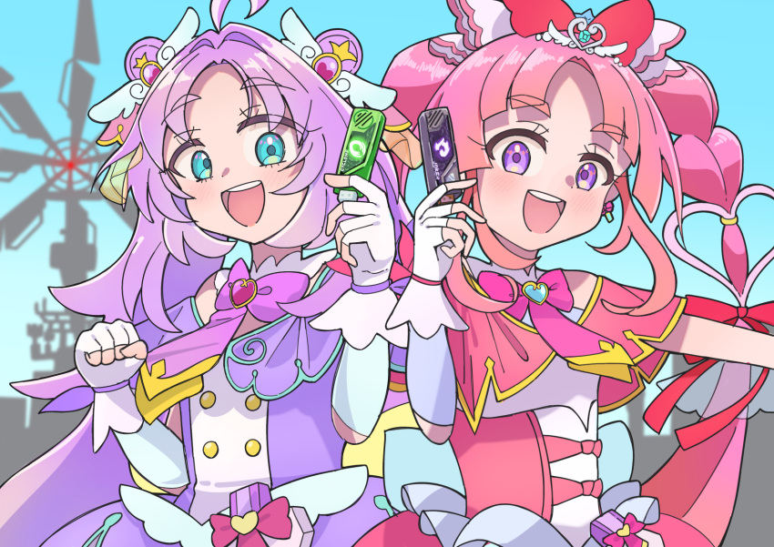 2girls, :d, ahoge, akechi_anna, aqua_trim, arm_out_of_frame, back_bow, bare_shoulders, blue_bow, blue_eyes, blue_sky, blunt_bangs, blurry, blurry_background, blush, bow, bowtie, braid, brooch, buttons, capelet, clenched_hand, commentary, cure_answer, cure_mystique, curled_fingers, curtained_hair, day, double-breasted, double_bun, dress, earrings, fingerless_gloves, fuuto_(city), fuuto_tantei, gaia_memory, glove_bow, gloves, gold_trim, hair_bow, hair_bun, hair_intakes, hair_ornament, hair_ribbon, hand_up, heart, heart_brooch, highres, holding, impossible_hair, jewelry, kamen_rider, kamen_rider_w, kobayashi_mikuru, layered_dress, long_hair, looking_at_viewer, magical_girl, medium_dress, meitantei_precure!, multiple_girls, nuuji_nuge, off-shoulder_dress, off_shoulder, open_mouth, outstretched_arm, pact_holder, parody, parted_bangs, pink_bow, pink_bowtie, pink_capelet, pink_dress, pink_hair, pouch, precure, purple_bow, purple_bowtie, purple_capelet, purple_dress, purple_hair, raised_eyebrows, ribbon, side-by-side, sidelocks, sky, smile, split_mouth, teeth, thick_eyebrows, tokusatsu, twin_braids, upper_body, upper_teeth_only, v-shaped_eyebrows, white_gloves, windmill, wing_hair_ornament, yellow_bow