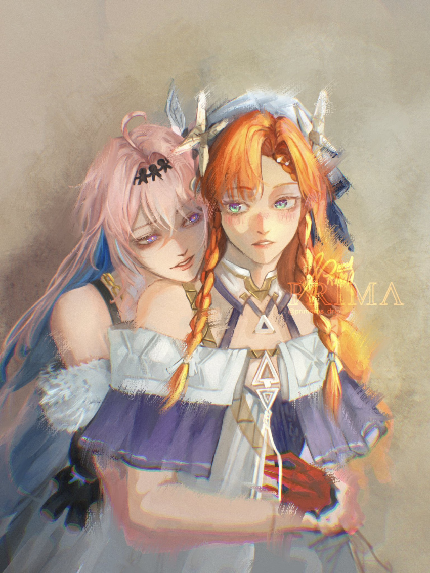 2girls, ahoge, bare_shoulders, blue_eyes, blue_hair, colored_inner_hair, commentary, denia_(wuthering_waves), gloves, green_eyes, hair_between_eyes, hair_ornament, highres, hug, hug_from_behind, looking_at_another, multicolored_hair, multiple_girls, orange_hair, parted_lips, pink_hair, primaros_drip, red_gloves, sigrika_(wuthering_waves), simple_background, two-tone_hair, wuthering_waves