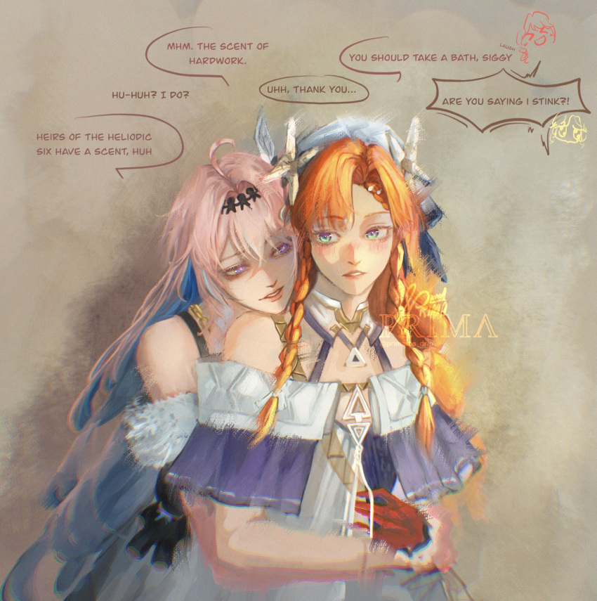 2girls, ahoge, bare_shoulders, blue_eyes, blue_hair, colored_inner_hair, denia_(wuthering_waves), english_text, gloves, green_eyes, hair_between_eyes, hair_ornament, highres, hug, hug_from_behind, looking_at_another, multicolored_hair, multiple_girls, orange_hair, parted_lips, pink_hair, primaros_drip, red_gloves, sigrika_(wuthering_waves), simple_background, speech_bubble, two-tone_hair, wuthering_waves