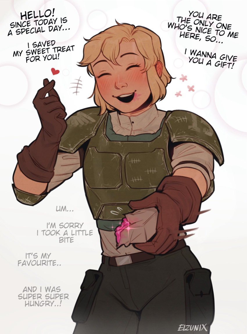 1girl, armor, astra_militarum, black_pants, blush, breastplate, candy, cargo_pants