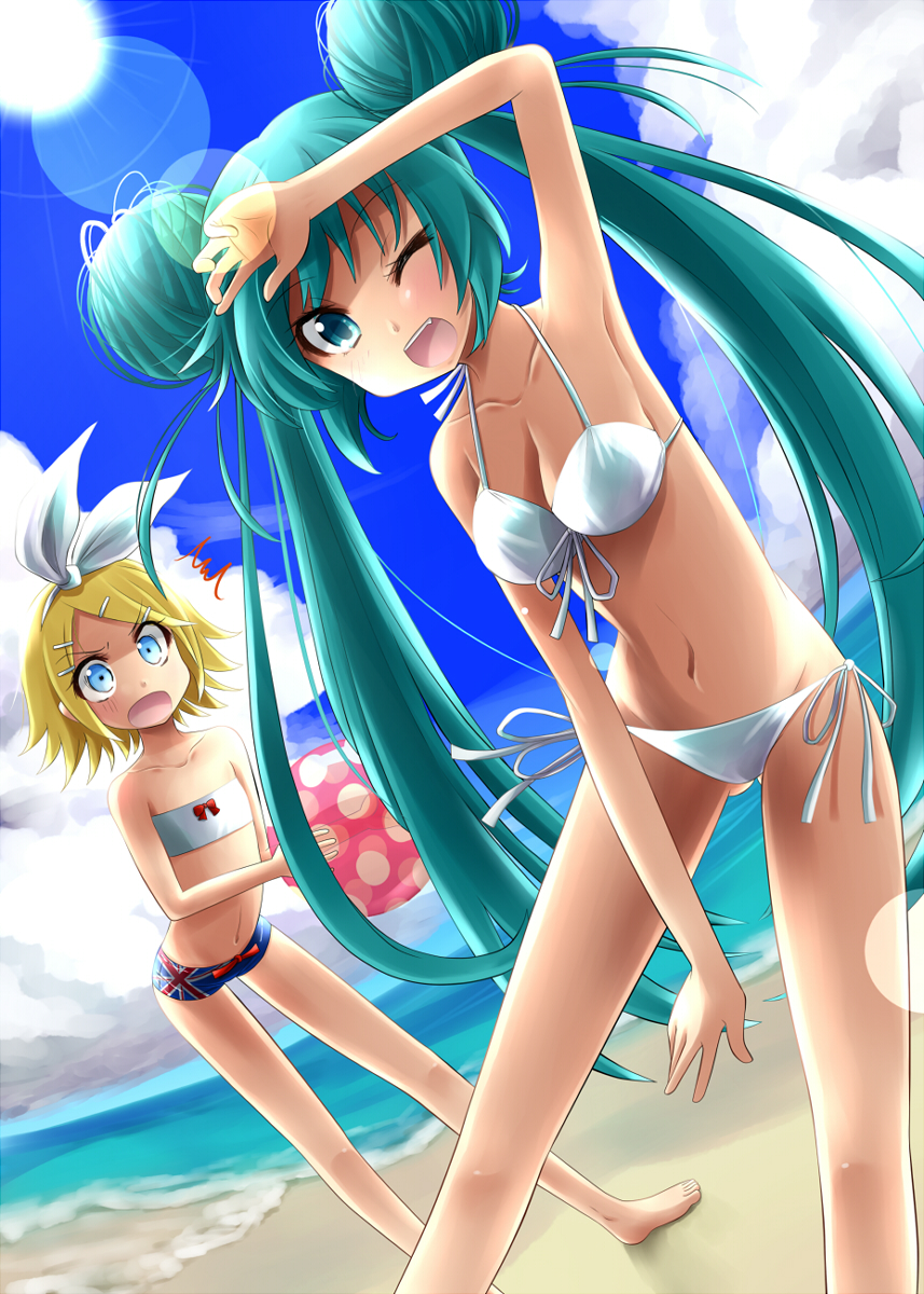ball, barefoot, beach, beachball, bikini, blonde_hair, blue_eyes, breast_envy, breasts, cloud, double_bun, dutch_angle, flat_chest, green_eyes, green_hair, hair_ornament, hairclip, hatsune_miku, highres, kadomaki_shinnosuke, kagamine_rin, lens_flare, long_hair, multiple_girls, navel, open_mouth, pale_eye, shading_eyes, short_hair, side-tie_bikini, sky, surprised, swimsuit, tubetop, twintails, very_long_hair, vocaloid, white_bikini, wink