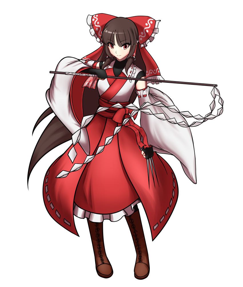 1girl, absurdres, alternate_costume, between_fingers, boots, bow, brown_boots, brown_hair