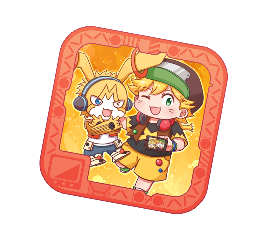 1boy, :3, appmon, appmon_chip, asuka_torajirou, blonde_hair, commentary_request, digimon, digimon_universe:_appli_monsters, hat, headphones, headphones_around_neck, holding, holding_phone, lulu_hane, musimon, open_mouth, phone, shirt, shorts, smile, vest