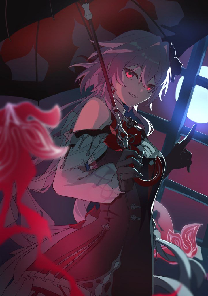 1girl, asymmetrical_dress, black_gloves, closed_mouth, commentary_request, dress, earrings, evernight_(honkai:_star_rail)