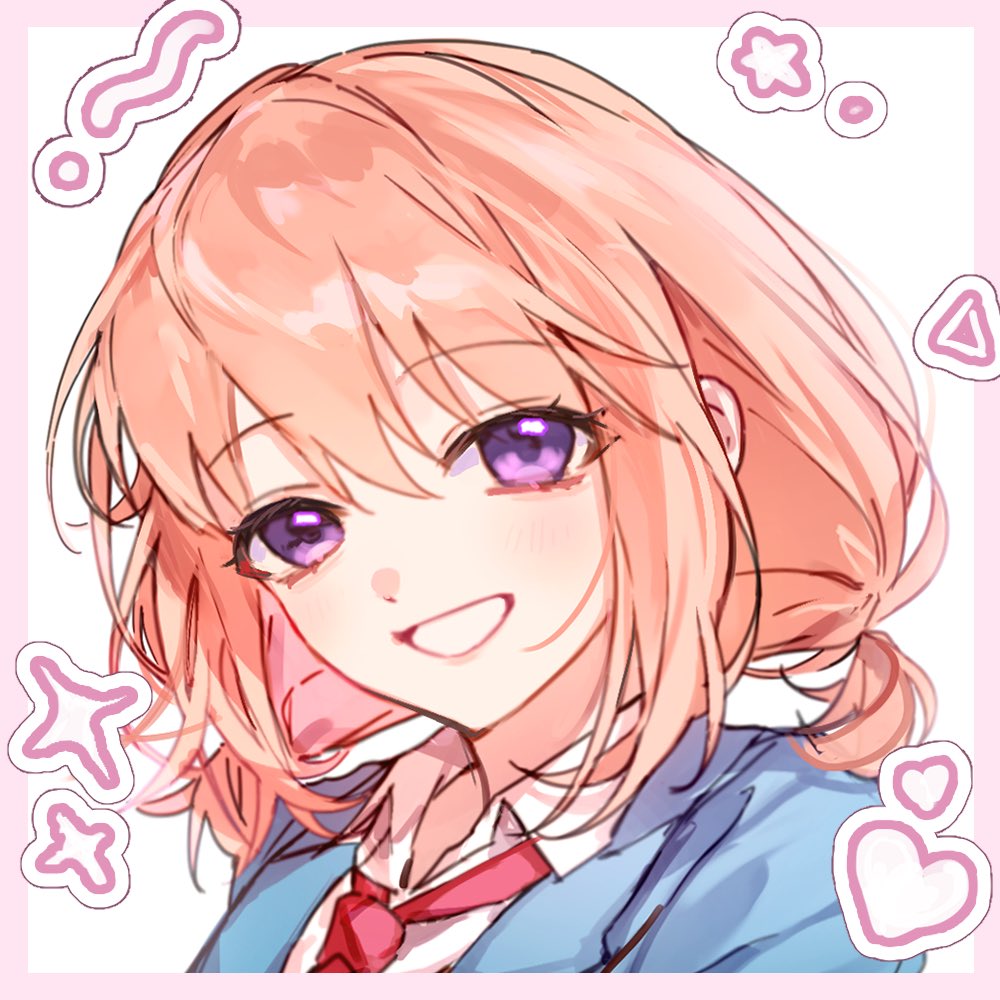 1girl, blazer, blush, collage_background, collared_shirt, hair_between_eyes, heart, honeyworks