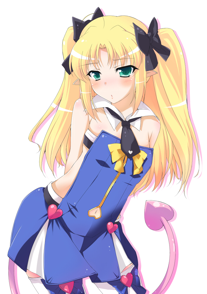 aqua_eyes, arms_behind_back, astarotte_ygvar, blonde_hair, blush, bow, demon_tail, detached_collar