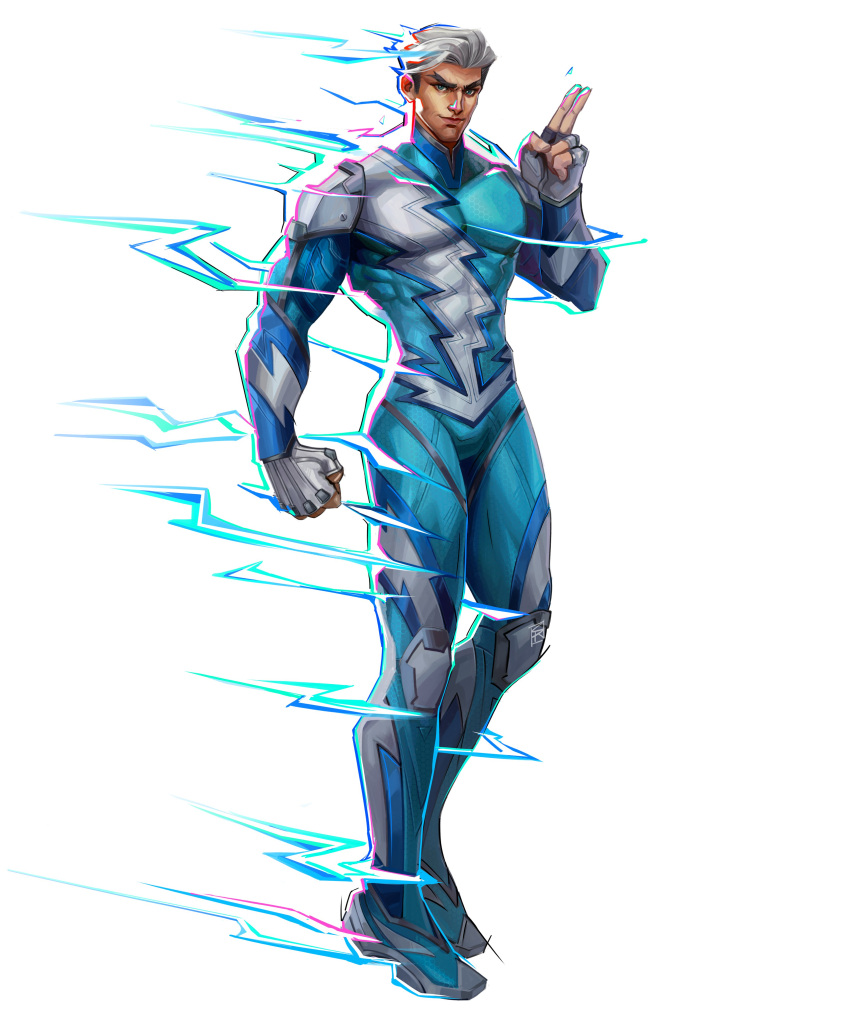 1boy, absurdres, blue_bodysuit, blue_eyes, bodysuit, commentary, covered_abs, english_commentary