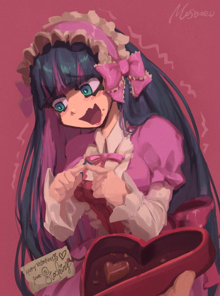 1girl, blue_eyes, chocolate, colored_inner_hair, commentary, dress, highres, long_hair