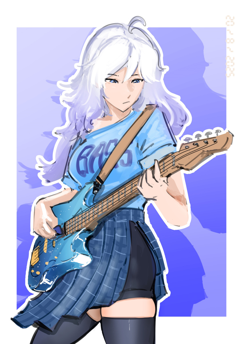 1girl, absurdres, bass_guitar, blue_shirt, blue_skirt, bluecoat_agency, diobmoz, grey_hair