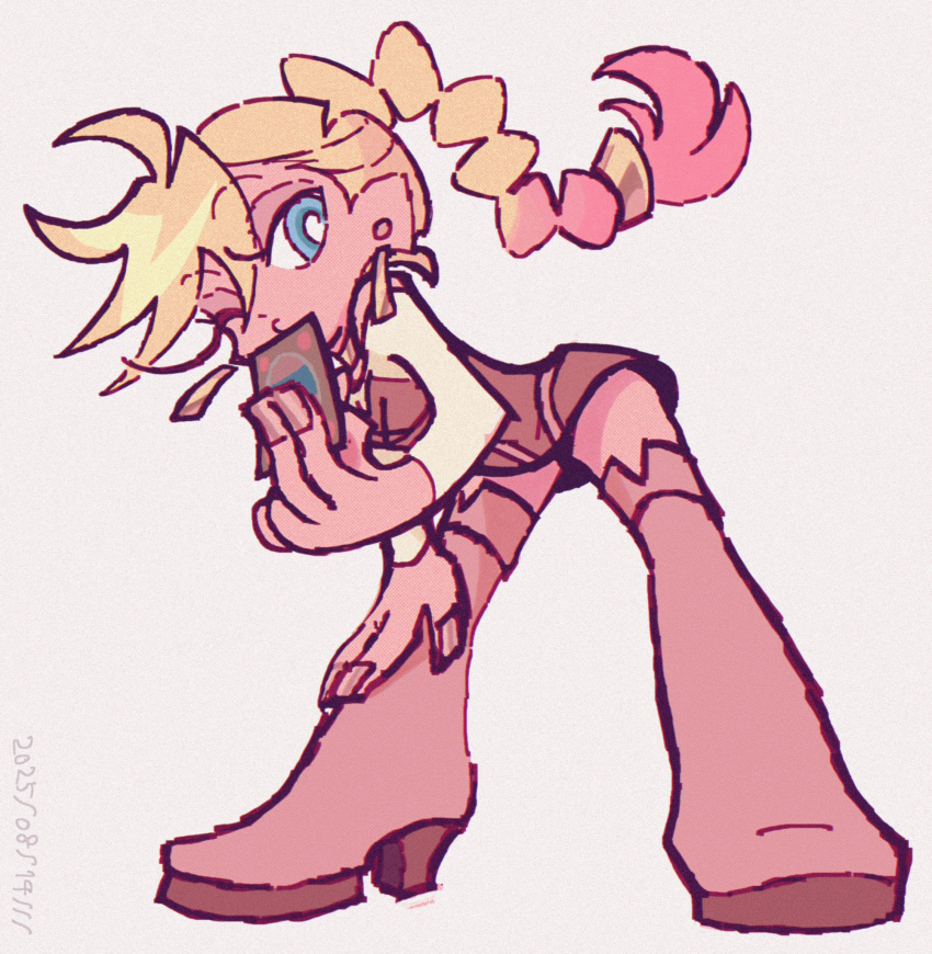 1girl, angel, blonde_hair, blue_eyes, boots, braid, braided_ponytail, brown_bodice