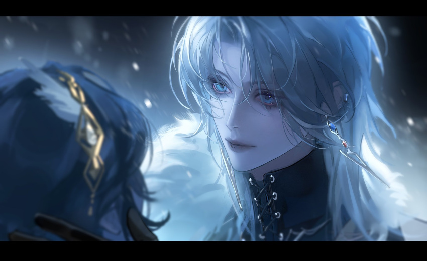 2girls, chief_(path_to_nowhere), earrings, expressionless, feather_boa, feichuan02, female_chief_(path_to_nowhere), from_behind
