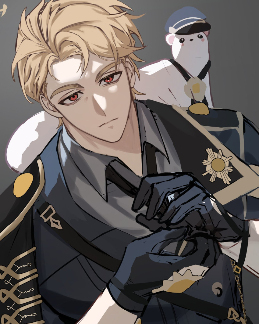 1boy, adjusting_clothes, adjusting_gloves, animal_on_shoulder, bags_under_eyes, belt, black_gloves, black_jacket, black_necktie, blonde_hair, collared_shirt, epaulettes, ermine, ferret, fur_trim, gloves, grey_background, grey_shirt, hair_between_eyes, hat, highres, hopi_9898, jacket, male_focus, medal, necktie, nu_carnival, orange_eyes, police_hat, ponytail, quincy_(nu_carnival), quincy_(smoked_timber)_(nu_carnival), shirt, short_hair, short_ponytail, simple_background, sketch, soldier, suit, topper_(nu_carnival), upper_body, weasel