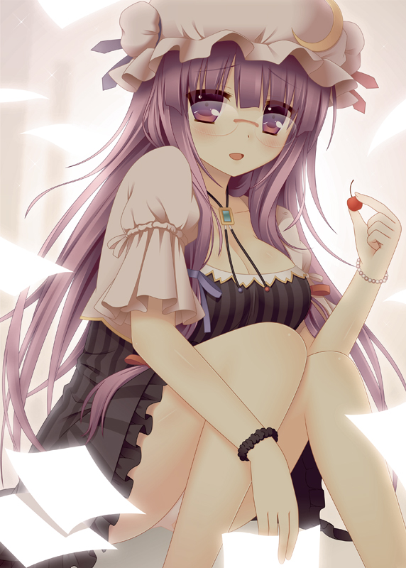 bespectacled, blush, bolo_tie, bracelet, breasts, brown_eyes, cherry, cleavage