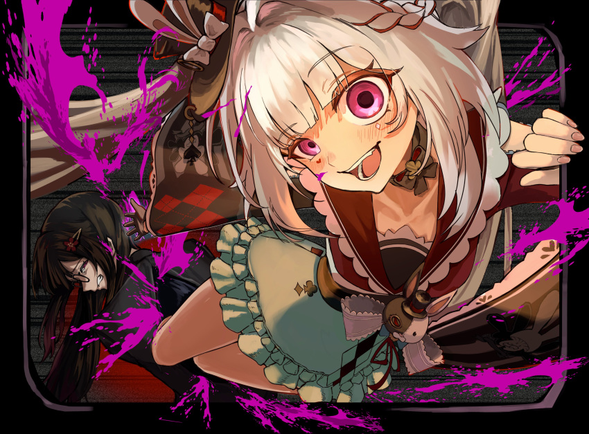1girl, absurdres, blood, blush, bright_pupils, diamond_(shape), diamond_facial_mark, dual_persona