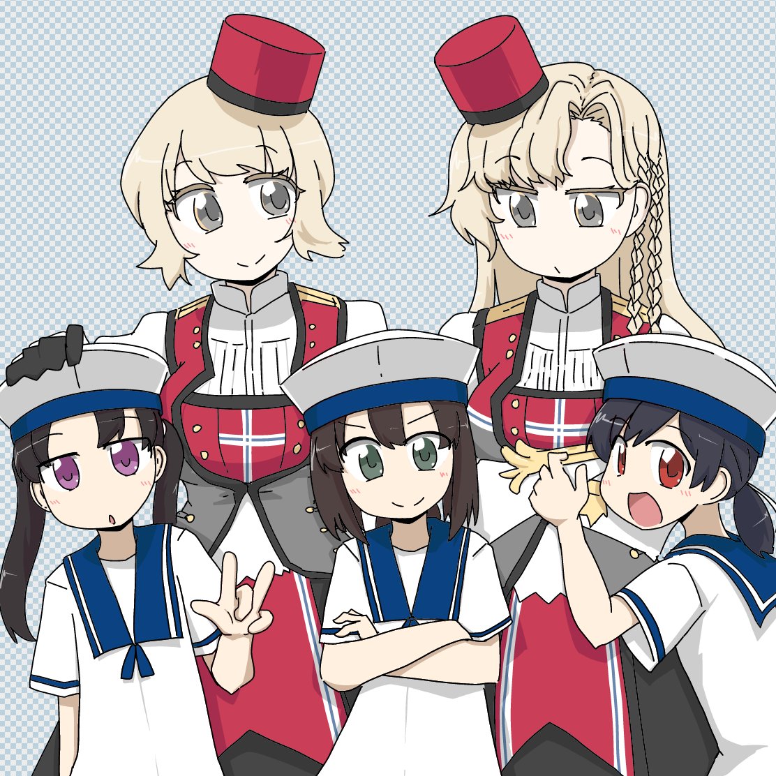 5girls, black_hair, black_skirt, blonde_hair, blue_sailor_collar, braid, collared_shirt, cowboy_shot