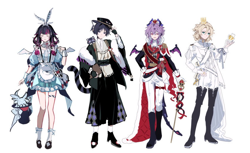 1girl, 3boys, absurdres, albedo_(genshin_impact), alternate_costume, alternate_hairstyle, animal_ear_fluff, animal_ear_hairband