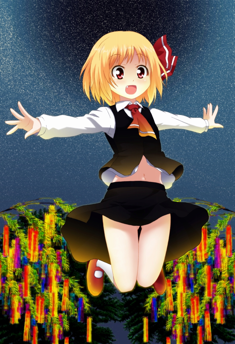 ascot, blonde_hair, child, dress, dress_shirt, fang, hair_ribbon, highres, kawazuishi, midriff, navel, no_panties, open_mouth, outstretched_arms, red_eyes, ribbon, rumia, shirt, short_hair, skirt, solo, spread_arms, the_embodiment_of_scarlet_devil, touhou, vest, youkai