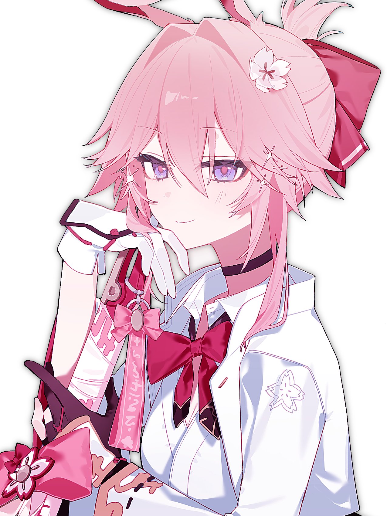 1girl, asymmetrical_gloves, bow, choker, collared_shirt, commentary, e9_f72, evanescia_(honkai:_star_rail), eyeliner, floral_print, flower, fox_girl, gloves, hair_between_eyes, hair_flower, hair_ornament, highres, honkai:_star_rail, honkai_(series), jacket, light_smile, makeup, mismatched_gloves, open_clothes, open_jacket, pink_hair, ruler, shirt, sidelocks, sparkle, untranslatable_commentary, upper_body, violet_eyes, weapon