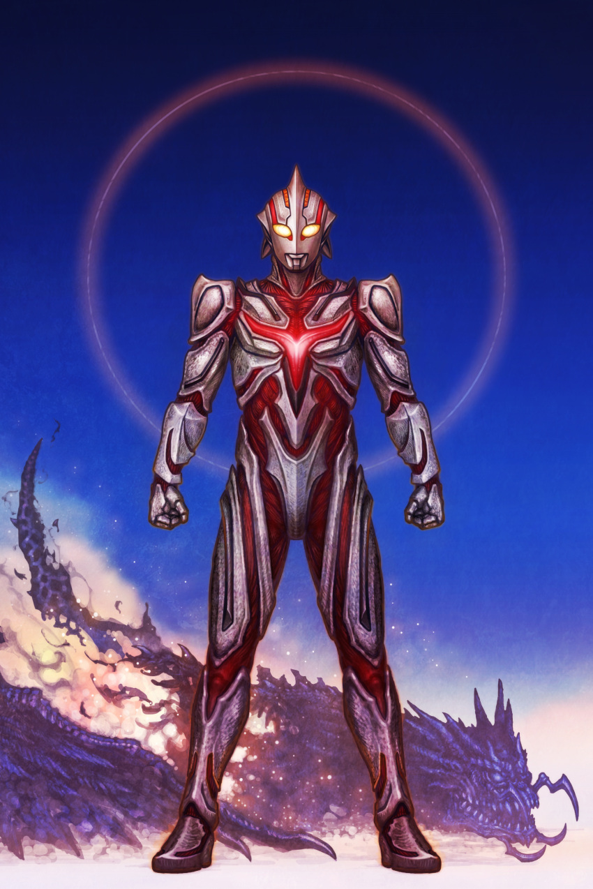 1boy, absurdres, alien, armor, beast_the_one, black_scales, black_wings, blue_background