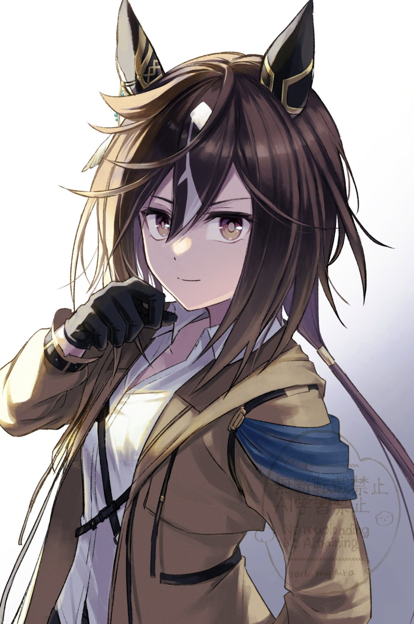 1girl, animal_ears, black_gloves, black_hair, breasts, brown_eyes, brown_hair, changmakura