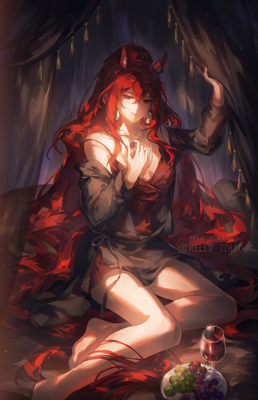 1girl, arknights, bare_legs, barefoot, black_robe, curtains, earrings, grapes, helen_zzhao, highres, holding, holding_curtain, holding_food, holding_grape, lipstick, long_hair, looking_at_viewer, narantuya_(arknights), necklace, red_dress, red_eyes, red_hair, solo, tassel, very_long_hair, wavy_hair, wine_glass