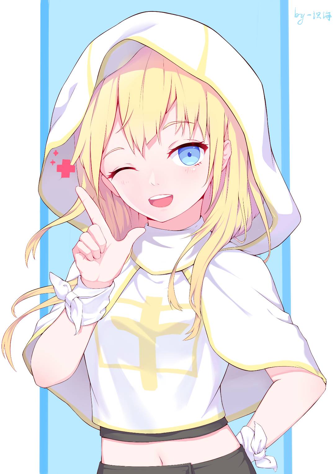 1girl, arm_behind_back, blonde_hair, blue_eyes, breasts, capelet, cross, highres