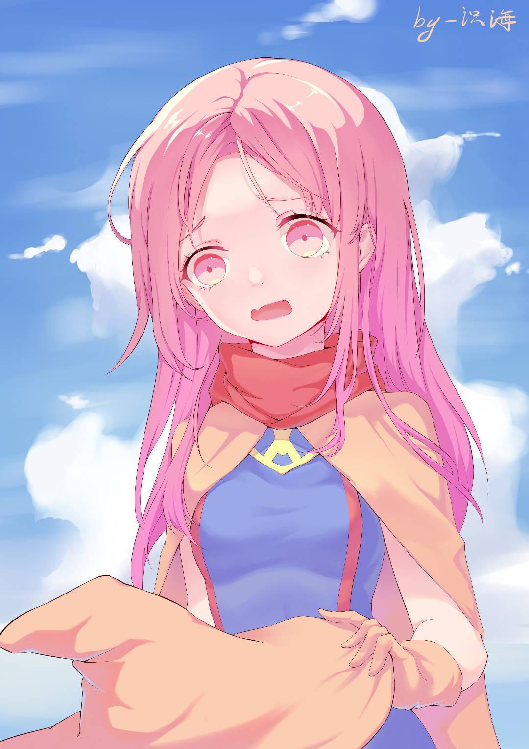 1girl, breasts, cape, commentary_request, flustered, hat, highres, holding