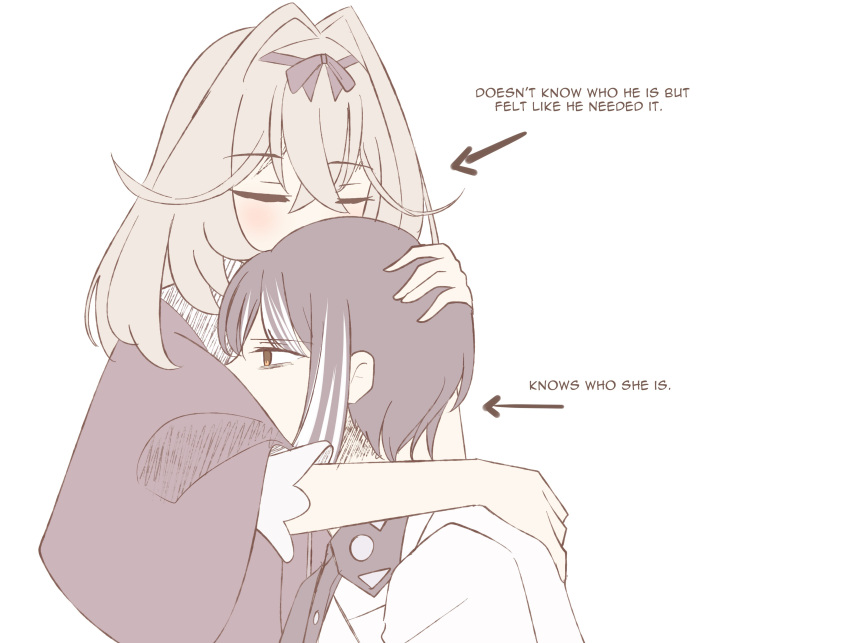 1boy, 1girl, absurdres, arrow_(symbol), black_hair, blush, bow, closed_eyes, comforting, english_text, hair_intakes, hair_ribbon, hetero, highres, hug, kamen_rider, kamen_rider_zeztz_(series), long_hair, meitantei_precure!, moria_luluka, multicolored_hair, nox_(kamen_rider_zeztz), precure, reiei_8, ribbon, short_hair, simple_background, streaked_hair, white_background, white_hair