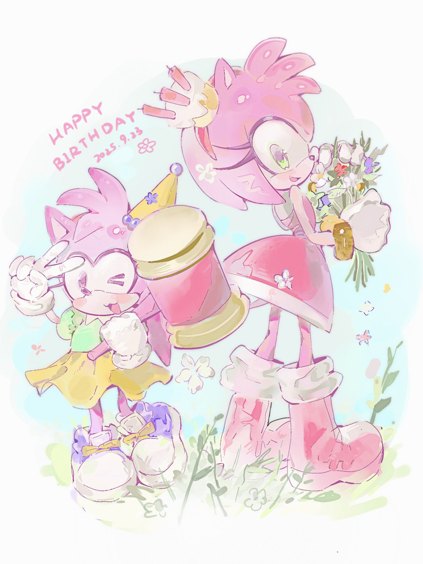 2girls, amy_rose, birthday, boots, bouquet, classic_amy, commentary, dated