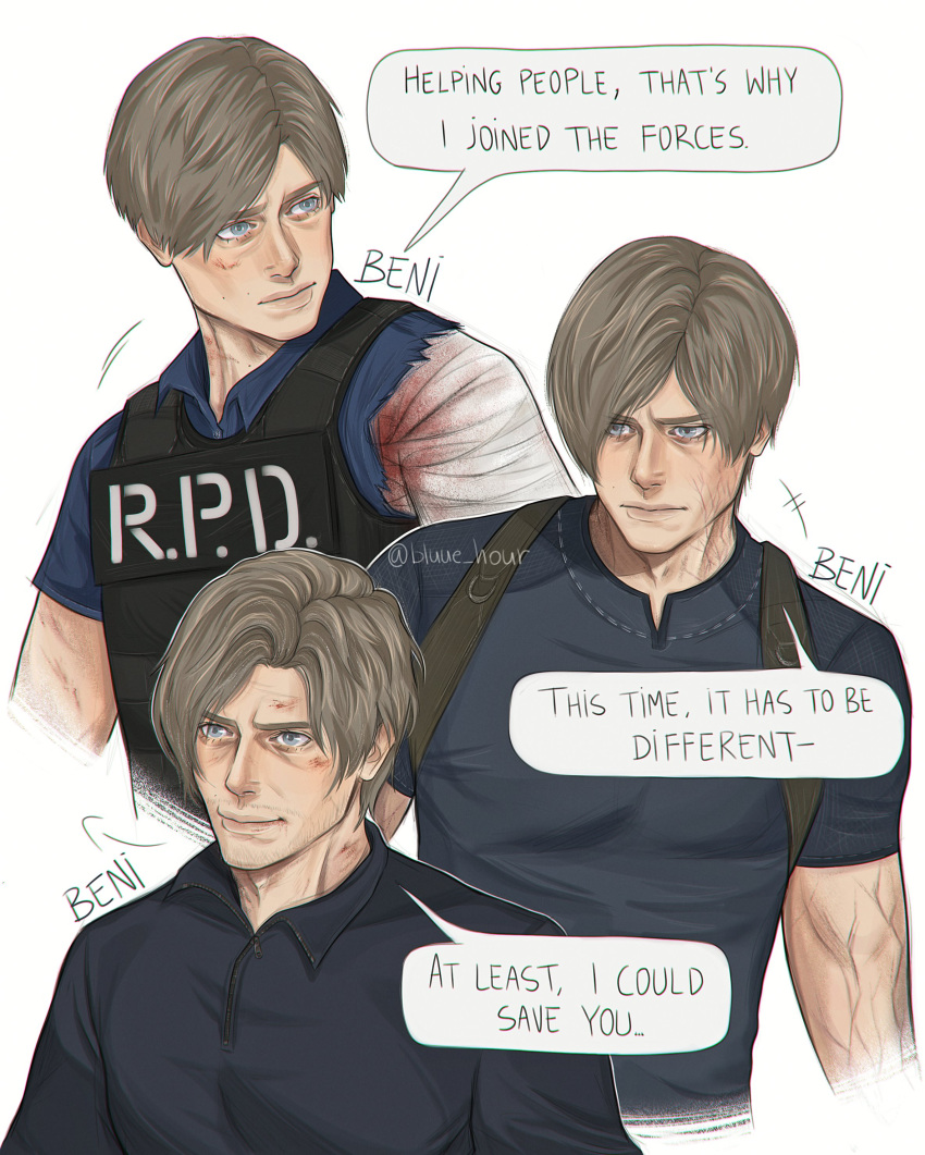 1boy, absurdres, aged_up, before_and_after, blonde_hair, bluue_hour, commentary, english_commentary, english_text, gun, highres, leon_s._kennedy, light_machine_gun, machine_gun, male_focus, police, police_uniform, resident_evil, resident_evil_2, resident_evil_2_(remake), resident_evil_4, resident_evil_4_(remake), resident_evil_requiem, rpd, smile, upper_body, weapon