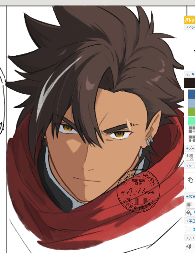 1boy, a_ohkami, black_hair, close-up, commentary_request, dark-skinned_male, dark_skin, earrings