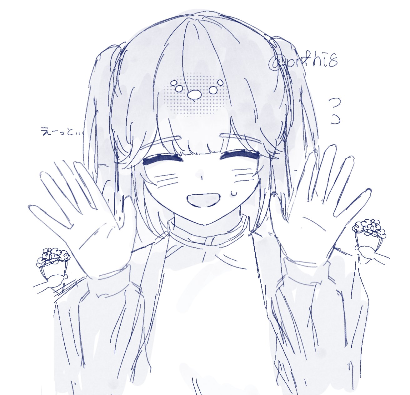 1girl, :d, blush, bouquet, closed_eyes, commentary_request, hands_up, happy