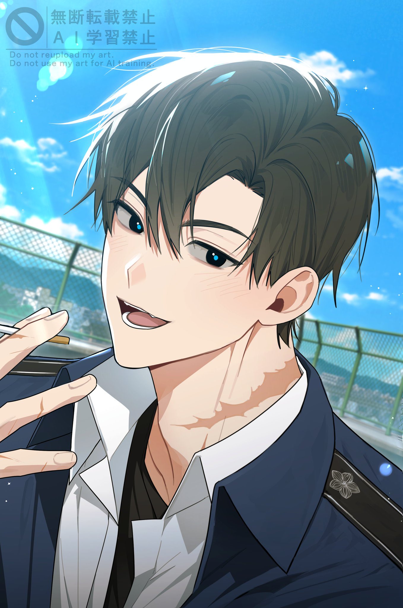 1boy, agent_choi, black_eyes, black_shirt, blue_jacket, blue_pupils, brown_hair, cigarette