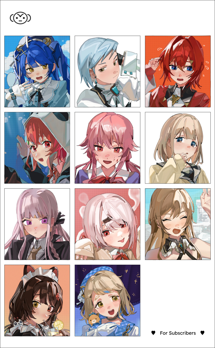 absurdres, ace_attorney, amamiya_kokoro, amamiya_kokoro_(1st_costume), ange_katrina, ange_katrina_(1st_costume), animal_ears, animal_hair_ornament, animal_hood, animal_on_shoulder, blonde_hair, blood, blood_on_face, blue_eyes, blue_hair, blue_hat, brown_hair, character_request, column_lineup, commentary, copyright_request, dog_ears, flying_sweatdrops, followers_favorite_challenge, franziska_von_karma, furen_e_lustario, gasai_yuno, gonzalez_(machita_chima), grid_lineup, hat, heterochromia, highres, hood, inui_toko, inui_toko_(1st_costume), machita_chima, machita_chima_(sailor_dress), maid_headdress, mirai_nikki, multiple_drawing_challenge, nijisanji, panda_hood, pink_hair, red_eyes, red_hair, rippoutai_fuusen, sasaki_saku, sasaki_saku_(1st_costume), shiina_yuika, shiina_yuika_(1st_costume), untranslatable_commentary, violet_eyes, virtual_youtuber, white_headdress, yellow_eyes