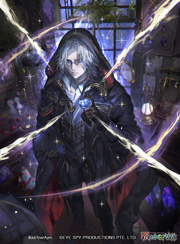 1boy, artist_name, black_hood, black_pants, book, box, cabinet, commentary, copyright_name, crate, floor, force_of_will, from_inside, fuziwara_ayumu, gem, glasses, gloves, gold_trim, grusbalesta_(force_of_will), holding, holding_book, holding_gem, hooded_robe, lamp, leather, leather_gloves, looking_at_viewer, magic, magnifying_glass, mirror, official_art, open_book, open_mouth, pants, paper, picture_frame, plant, polo_shirt, robe, shelf, shoes, single_glove, solo, sparkle, star_(symbol), table, white_hair, window, wooden_table