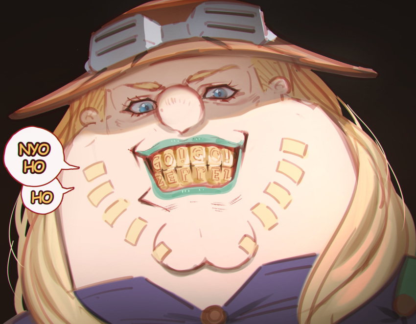 1boy, :d, ball, black_background, blonde_hair, blue_eyes, brown_hat, cleft_chin