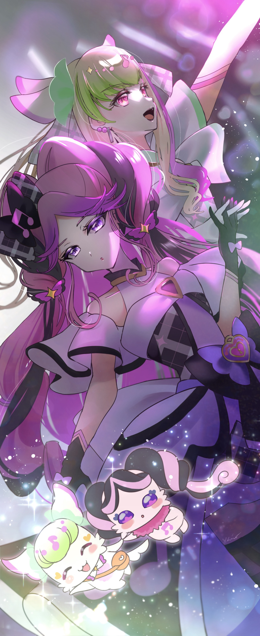 absurdres, beamed_eighth_notes, black_dress, black_gloves, black_hair, blonde_hair, blurry, blurry_background