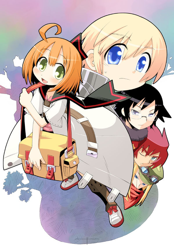 2girls, 3boys, ahoge, alchemist_(sekaiju), alchemist_2_(sekaiju), androgynous, armor, bag