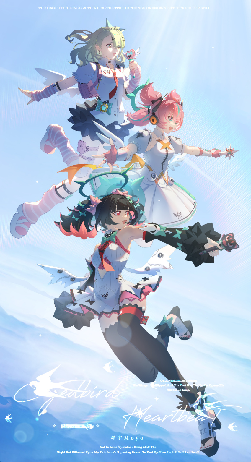 3girls, absurdres, angels_of_delusion, aria_(zenless_zone_zero), arm_warmers, backpack, bag, black_hair